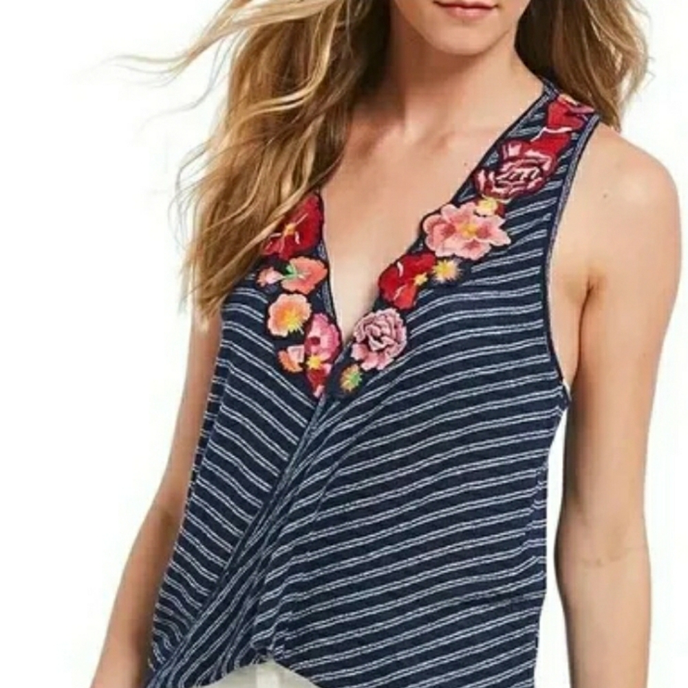Free People Frida Floral Faux Wrap Tank Blue White Embroidery Size Small Boho